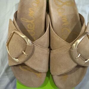 Sam Edelman Beige Suede Sandals with Gold Buckle